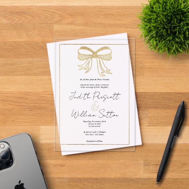 Invitaciones Acrílicas Boda de cinta blanca simple de purpurina dorado (Insitu (Tarjeta de Invitación))