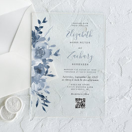 Invitaciones Acrílicas Boda de código QR azul de color de color de agua c
