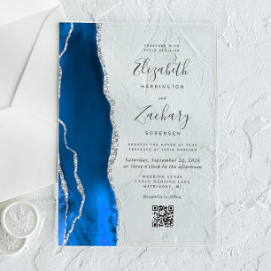 Invitaciones Acrílicas Boda de código QR de ágata azul real y plata