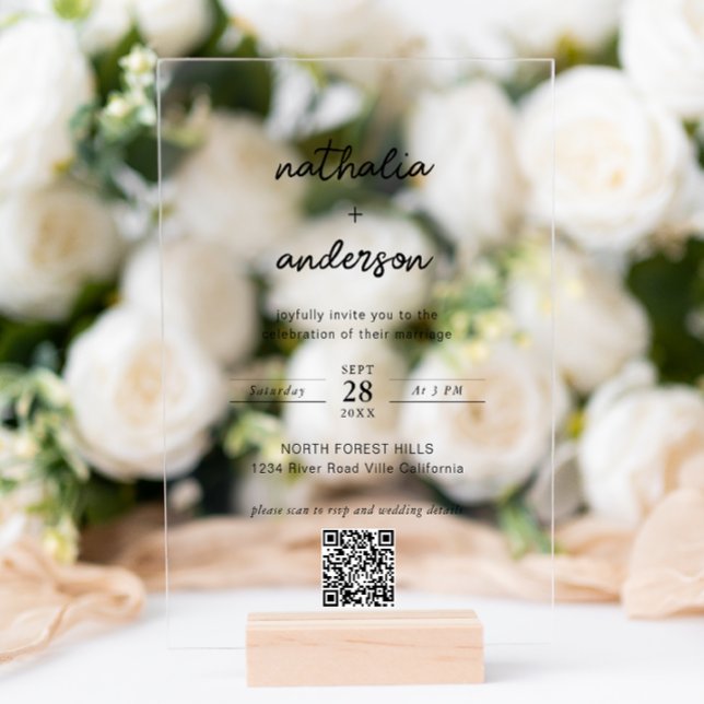 Invitaciones Acrílicas Boda de código QR de escritura simple moderna (Subido por el creador)