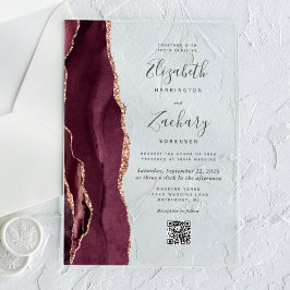 Invitaciones Acrílicas Boda de código QR de rosa de Borgoña en oro