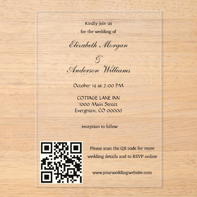 Invitaciones Acrílicas Boda de código QR moderno (Anverso)