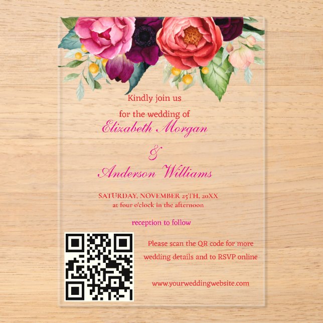 Invitaciones Acrílicas Boda de código QR moderno (Anverso)