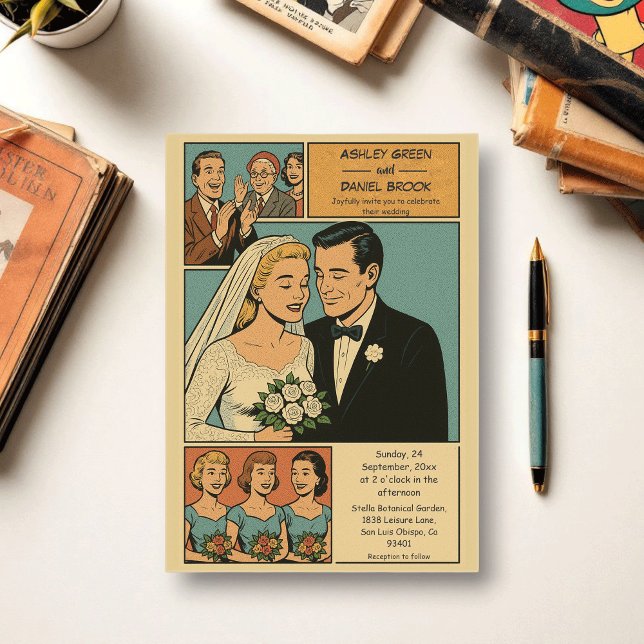 Invitaciones Acrílicas Boda de cómics Retro Whimsical Romantic Bride Groo (Subido por el creador)
