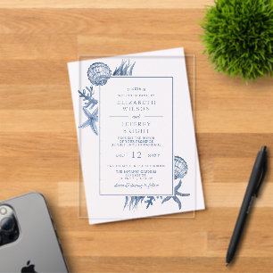 Invitaciones Acrílicas Boda de conchas de mar en la playa del océano