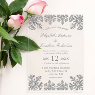 Invitaciones Acrílicas Boda de copo de nieve de invierno plateado