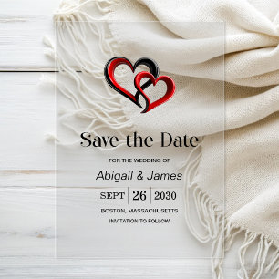 Invitaciones Acrílicas Boda de Corazones Negros y Rojos Modernos Guardar 