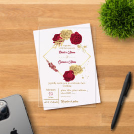 Invitaciones Acrílicas boda de coronas burdeos y doradas