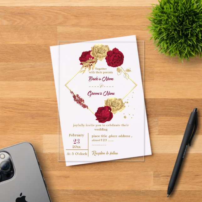 Invitaciones Acrílicas boda de coronas burdeos y doradas (Insitu (Tarjeta de Invitación))