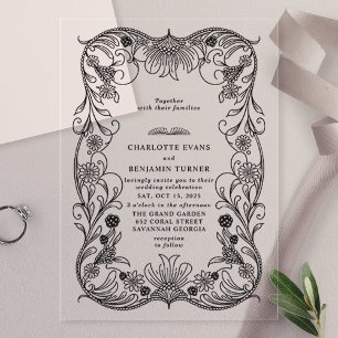 Invitaciones Acrílicas Boda de cosecha floral Ornate negra