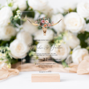 Invitaciones Acrílicas Boda de cráneo de toro floral estilo país bohemio