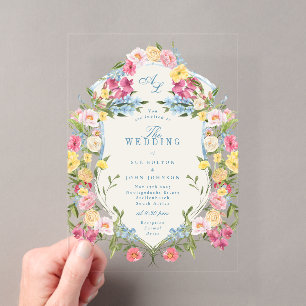 Invitaciones Acrílicas Boda de Crest Vintage Monograma Floral Azul Francé