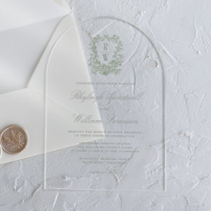 Invitaciones Acrílicas Boda de cresta de monograma floral verde salvia en