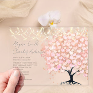 Invitaciones Acrílicas Boda de cuento de hadas encantado con corazón rosa