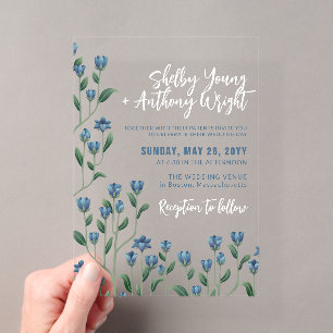 Invitaciones Acrílicas Boda de delicadas flores silvestres azules