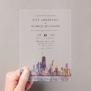 Invitaciones Acrílicas Boda de destino acuarela del horizonte de Chicago