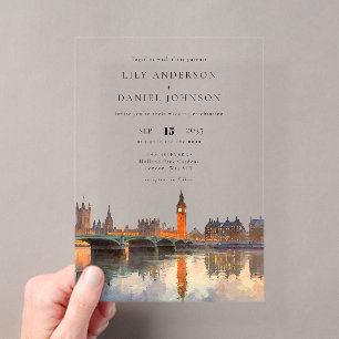 Invitaciones Acrílicas Boda de Destino Acuarela del Horizonte de Londres