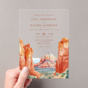 Invitaciones Acrílicas Boda de destino acuarela en el desierto montañoso