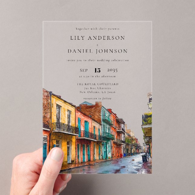 Invitaciones Acrílicas Boda de destino con acuarela en Nueva Orleans (Insitu (portátil))