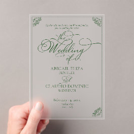 Invitaciones Acrílicas Boda de destino con elegante guión verde y borde