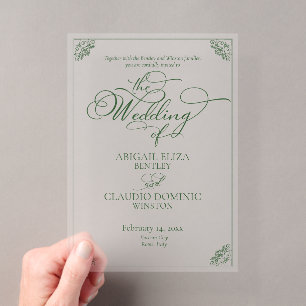 Invitaciones Acrílicas Boda de destino con elegante guión verde y borde