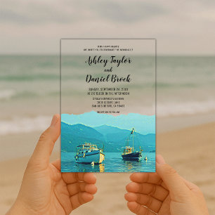 Invitaciones Acrílicas Boda de Destino Costero con Barcos Navy Vintage