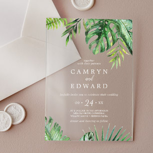 Invitaciones Acrílicas Boda de destino de la Playa Blanca Palm Tropical S