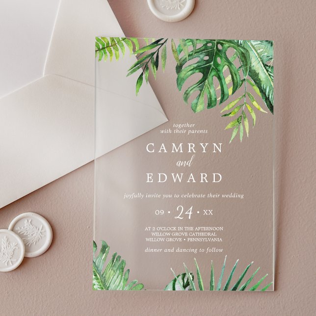Invitaciones Acrílicas Boda de destino de la Playa Blanca Palm Tropical S (Wild Tropical Palm White Beach Destination Wedding Acrylic Invitations)