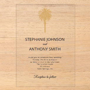 Invitaciones Acrílicas Boda de destino de palmera dorada de playa tropica