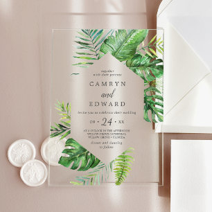 Invitaciones Acrílicas Boda de destino de playa con hoja de palma tropica