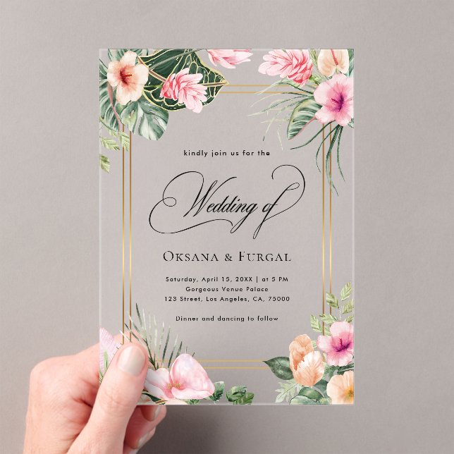 Invitaciones Acrílicas Boda de destino de playa tropical de oro rosa (Insitu (portátil))