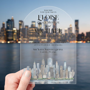 Invitaciones Acrílicas Boda de Destino de Silueta Urbana en Acuarela Mode