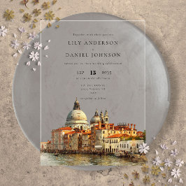 Invitaciones Acrílicas Boda de destino en acuarela con la silueta de Vene