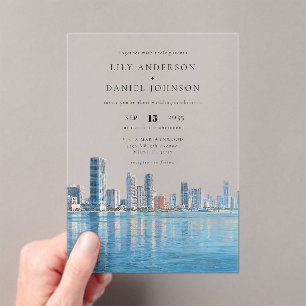 Invitaciones Acrílicas Boda de destino en acuarela del horizonte de Miami