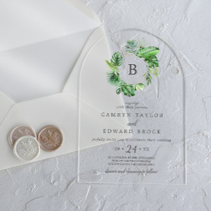 Invitaciones Acrílicas Boda de Destino en la Playa con Arco de Palma Trop