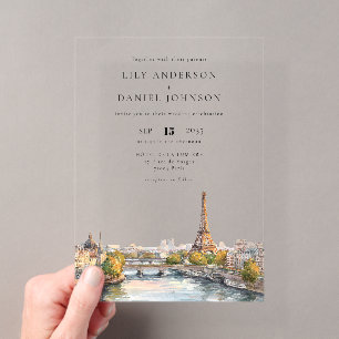 Invitaciones Acrílicas Boda de destino en París Francia acuarela