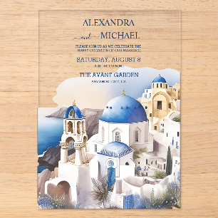 Invitaciones Acrílicas Boda de destino en Santorini con acuarela