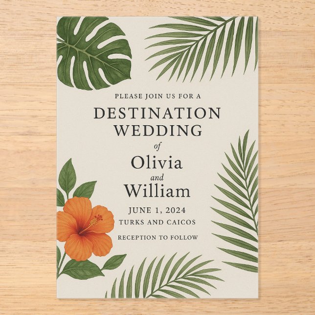 Invitaciones Acrílicas Boda de destino tropical (Anverso)