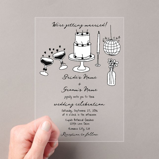 Invitaciones Acrílicas Boda de Doodles de Ilustraciones negros dibujados  (Insitu (portátil))