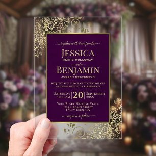 Invitaciones Acrílicas Boda de elegante ciruela púrpura y oro con texto e