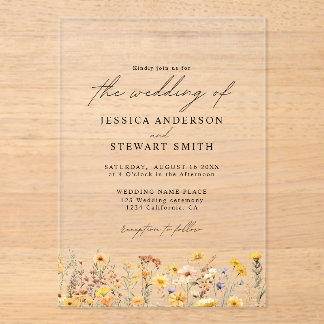 Invitaciones Acrílicas Boda de Elegantes Flores Silvestres Amarillas Colo