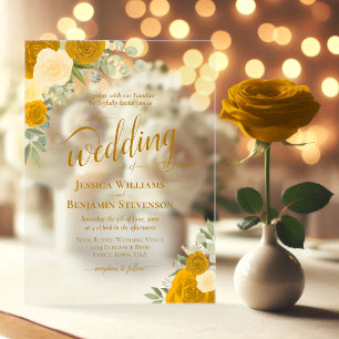 Invitaciones Acrílicas Boda de Elegantes Marigold y Rosas Amarillas Mante