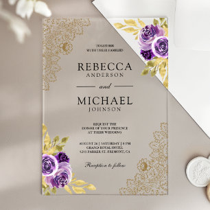 Invitaciones Acrílicas Boda de Encaje Dorado con Floral Púrpura Polvorien