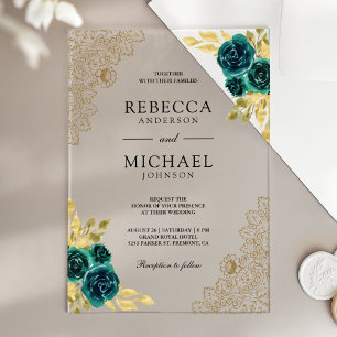 Invitaciones Acrílicas Boda de encaje dorado floral verde esmeralda