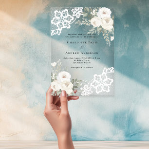 Invitaciones Acrílicas Boda de encaje floral blanco