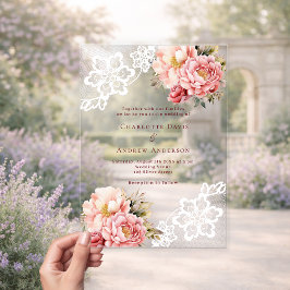 Invitaciones Acrílicas Boda de encaje floral de melocotón rosa