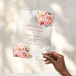 Invitaciones Acrílicas Boda de encaje floral de melocotón rosa