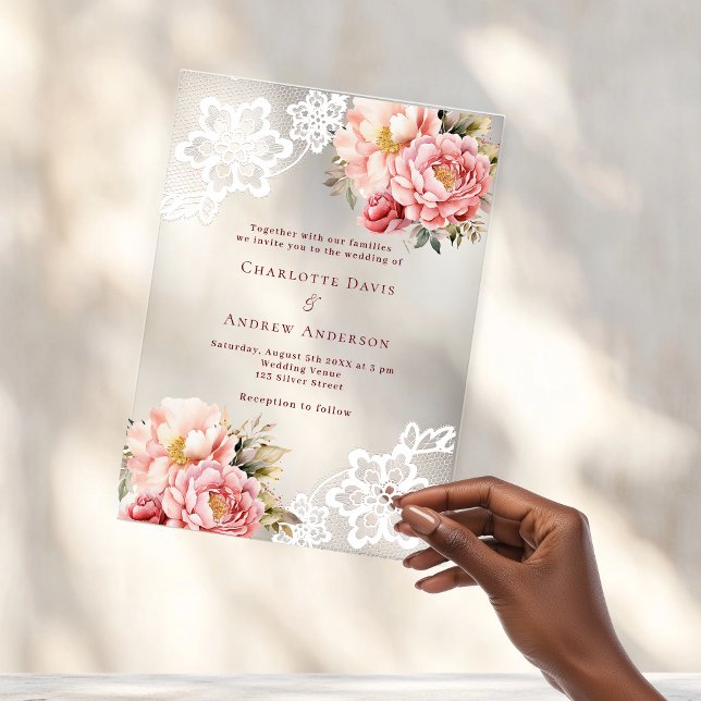 Invitaciones Acrílicas Boda de encaje floral de melocotón rosa (Subido por el creador)