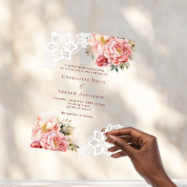 Invitaciones Acrílicas Boda de encaje floral de melocotón rosa arco