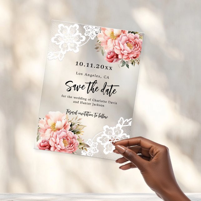 Invitaciones Acrílicas Boda de encaje floral de melocotón rosa Guardar ta (Subido por el creador)